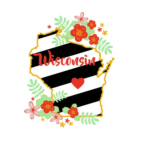 Wisconsin State kaart creatieve Vector typografie belettering samenstelling met bloemen. Design Concept — Stockvector