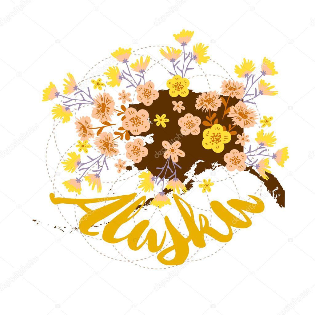 Alaska State Map Creative Vector Typography Lettering Composition with flowers. Design Concept
