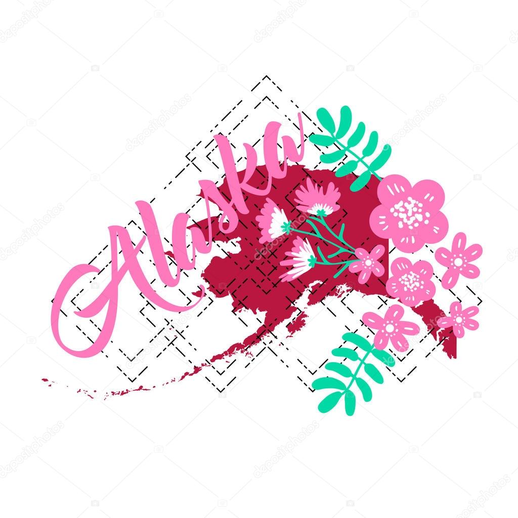Alaska State Map Creative Vector Typography Lettering Composition with flowers. Design Concept