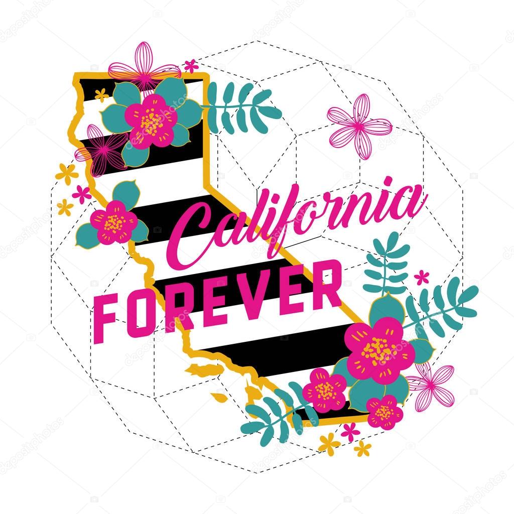 California Forever State Map Creative Vector Typography Lettering Composition with flowers. Design Concept