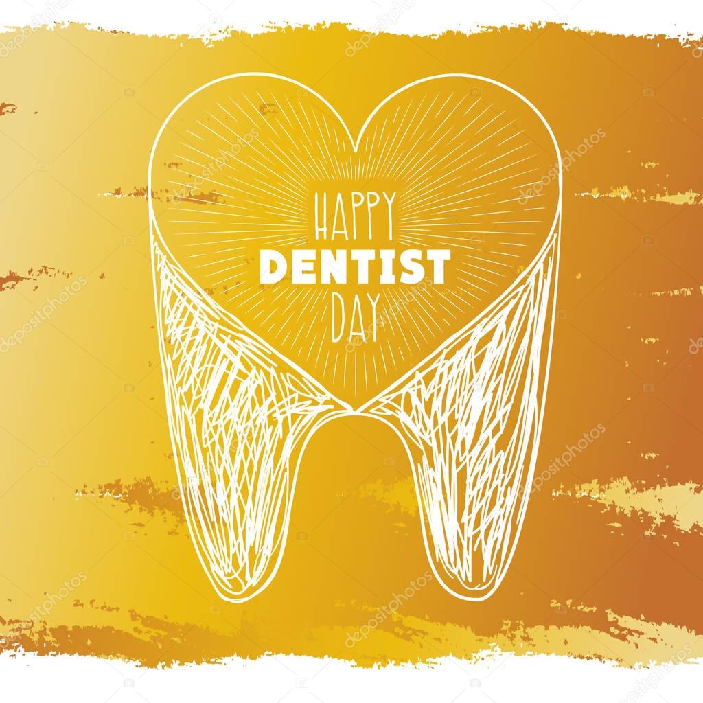 Happy dentist day. Tooth. Heart. Gold background