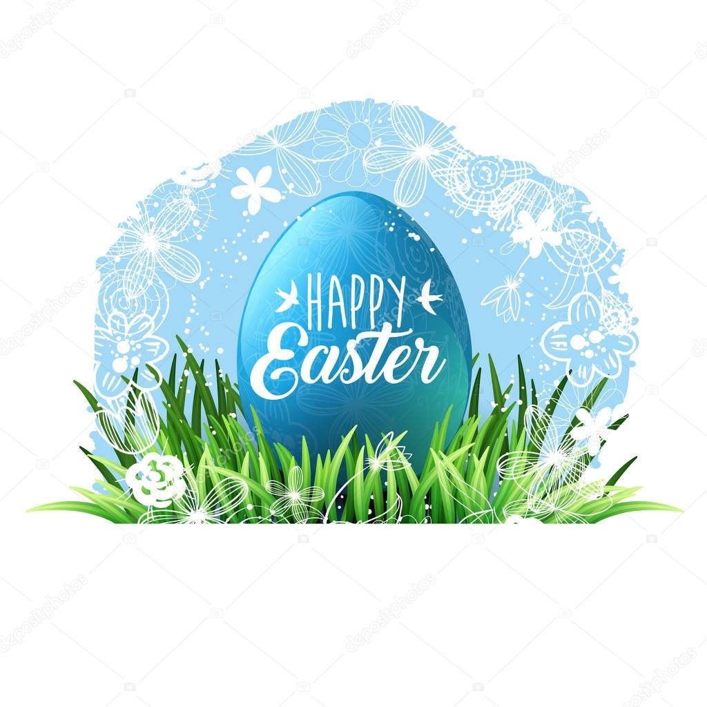 Happy Easter. Green grass and blue egg, blue spring sky, flowers. Lettering with birds. Holiday background for design. Vector illustration