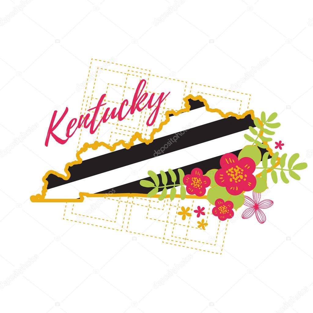 Kentucky State Map Creative Vector Typography Lettering Composition with flowers. Design Concept