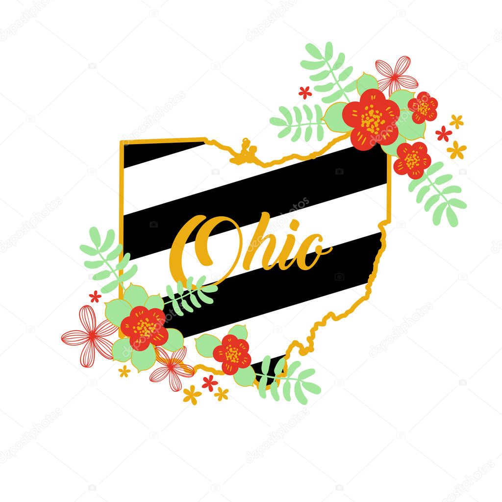 Ohio State Map Creative Vector Typography Lettering Composition with flowers. Design Concept