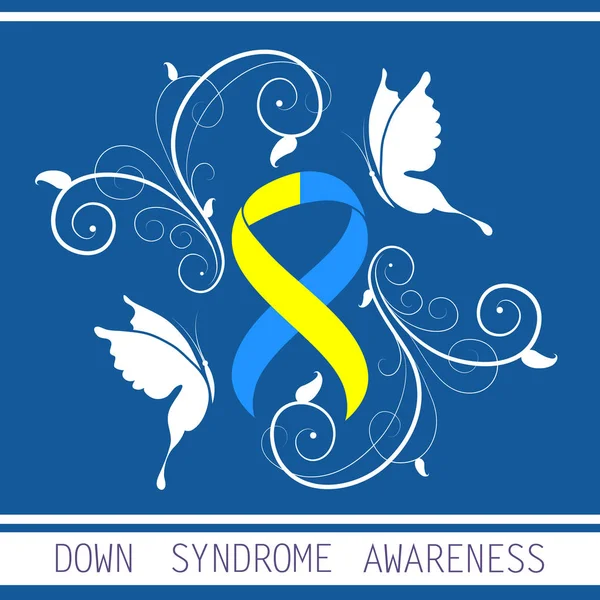 World Down Syndrome Day. Symbol of Down Syndrome. Yellow and blue ribbon and butterfly. Medical vector illustration. Health care — Stock Vector