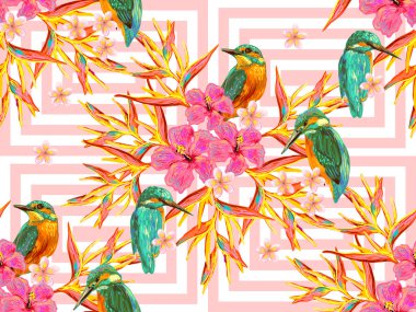 Kuşlar, kelebekler ve egzotik çiçekler ile sorunsuz yaz tropikal desen vektör arka plan. Duvar kağıtları, desen dolgularını, web sayfası arka planlar, yüzey dokuları, tekstil için mükemmel