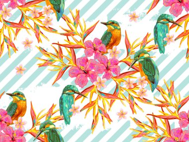 Kuşlar, kelebekler ve egzotik çiçekler ile sorunsuz yaz tropikal desen vektör arka plan. Duvar kağıtları, desen dolgularını, web sayfası arka planlar, yüzey dokuları, tekstil için mükemmel