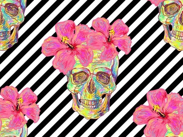 Modèle sans couture avec crânes et fleurs d'hibiscus fond vectoriel. Parfait pour papiers peints, garnitures de motifs, arrière-plans de page Web, textures de surface, textile — Image vectorielle
