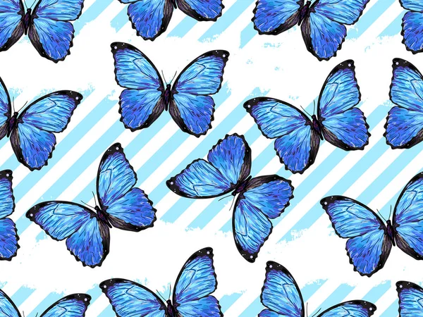 无缝的异国模式与蓝色的热带蝴蝶。无休止的纹理矢量背景。完美的壁纸、 web 页、 表面纹理、 纺织 — 图库矢量图片