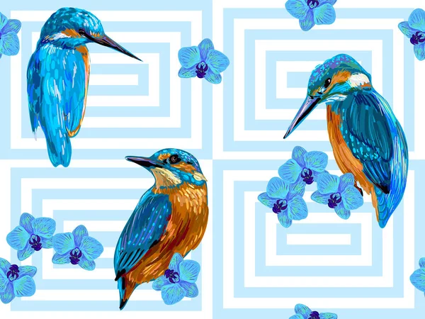 Nahtloses handgezeichnetes Muster mit blauen Vögeln und Orchideen. romantische Textur. Vektor Sommer Hintergrund. perfekt für Tapeten, Musterfüllungen, Webseiten-Hintergründe, Oberflächentexturen, Textilien — Stockvektor