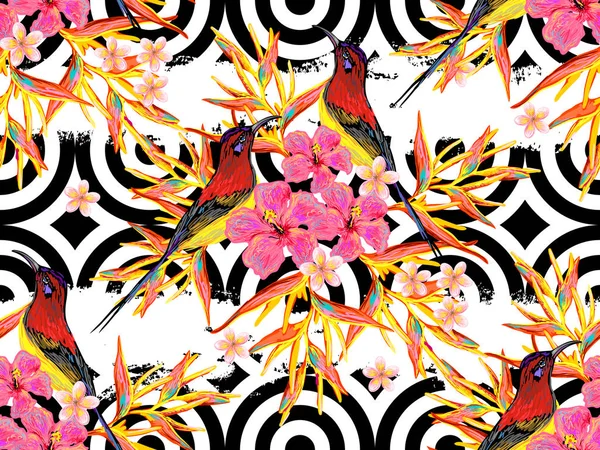 Patrón tropical de verano sin fisuras con aves, mariposas y flores exóticas vector de fondo. Perfecto para fondos de pantalla, rellenos de patrones, fondos de página web, texturas superficiales, textiles — Archivo Imágenes Vectoriales