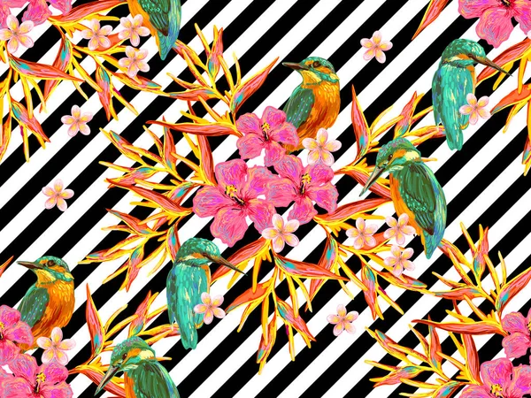 Kuşlar, kelebekler ve egzotik çiçekler ile sorunsuz yaz tropikal desen vektör arka plan. Duvar kağıtları, desen dolgularını, web sayfası arka planlar, yüzey dokuları, tekstil için mükemmel