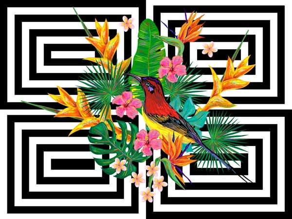 Patrón tropical de verano sin costuras con aves, hojas de palma y flores exóticas vector de fondo. Perfecto para fondos de pantalla, rellenos de patrones, fondos de página web, texturas superficiales, textiles — Archivo Imágenes Vectoriales