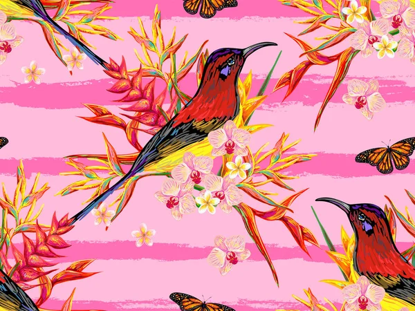Seamless summer tropical pattern with birds, butterflies and exotic flowers vector background. Perfect for wallpapers, pattern fills, web page backgrounds, surface textures, textile