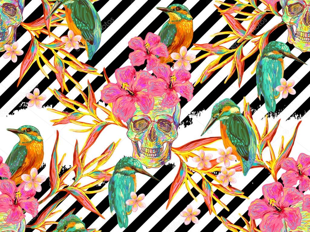 Seamless summer tropical pattern with skulls, birds and exotic flowers vector background. Tropical flowers. Perfect for wallpapers, pattern fills, web page backgrounds, surface textures, textile