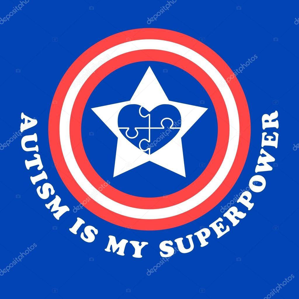 Autism is my superpower. World autism awareness day. Symbol of autism. Medical flat illustration. Health care. Vector design illustration with heart consisting of puzzles
