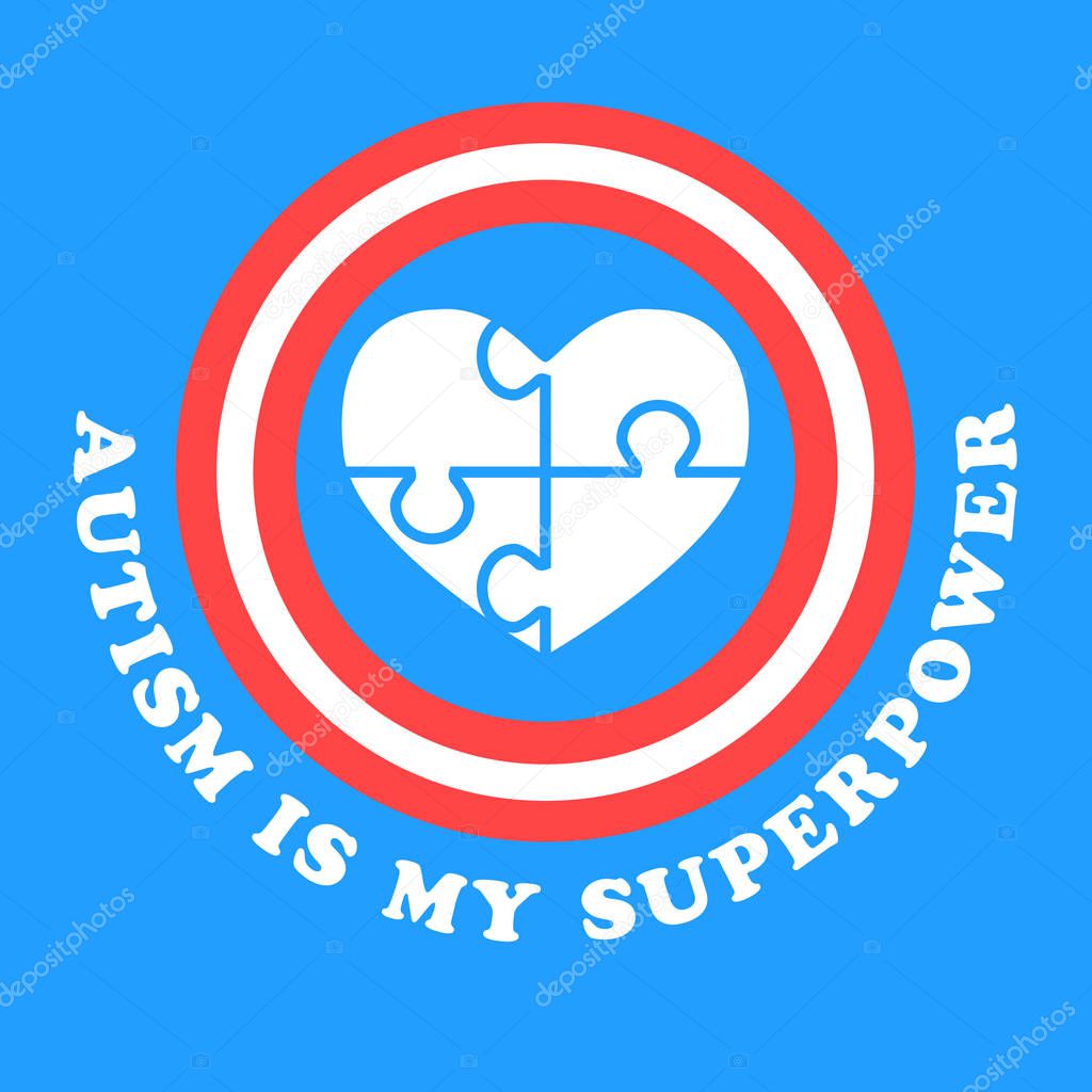 Autism is my superpower. World autism awareness day. Symbol of autism. Medical flat illustration. Health care. Vector design illustration with heart consisting of puzzles
