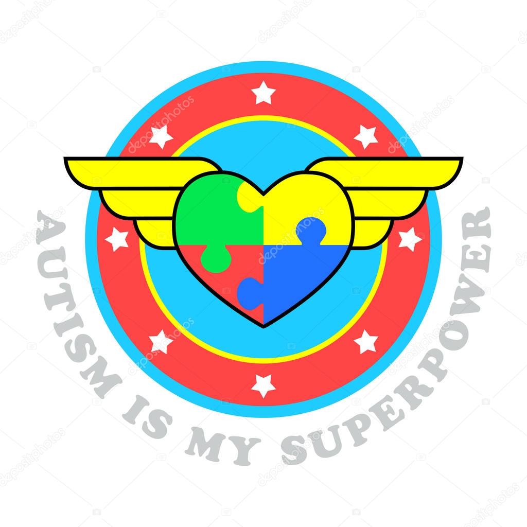 Autism is my superpower. World autism awareness day. Symbol of autism. Medical flat illustration. Health care. Vector design illustration with heart consisting of puzzles