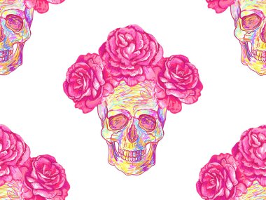 Kafatasları ve gül ile Seamless Meksika modeli. Çiçek yaz tasarım vektör arka plan yükseldi. Duvar kağıtları, desen dolgularını, web sayfası arka planlar, yüzey dokuları, tekstil için mükemmel