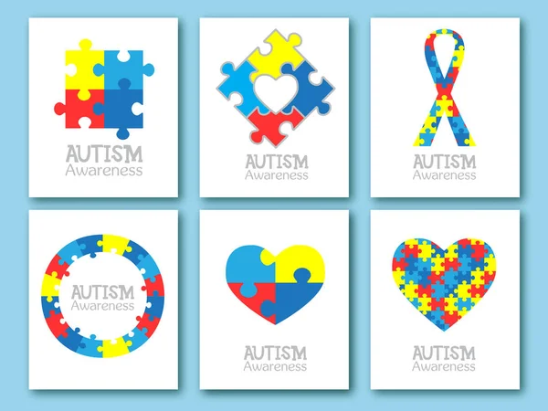 Världen autism awareness day. Färgglada pussel symbol för autism. Vektorillustration. Medicinsk platt illustration. Hälso-och sjukvård. Uppsättning kort, inbjudan, affisch formgivningsmall. Samling av designelement — Stock vektor