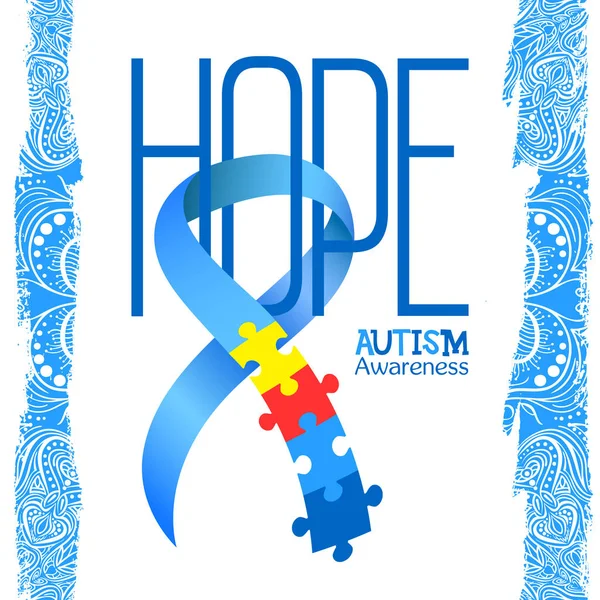 世界自閉症啓発デー。ブルーのリボンとカラフルなベクトルの背景をパズルします。願ってください。自閉症のシンボルです。医療フラット イラスト。健康管理 — ストックベクタ