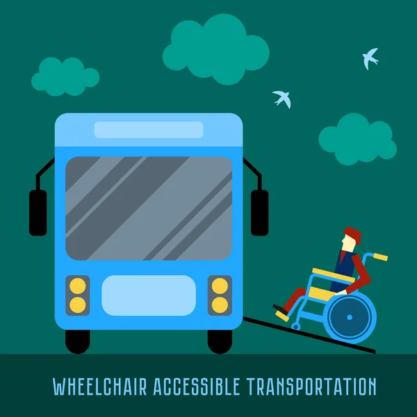 Transporte accesible para silla de ruedas. Autobús Paratransit recogiendo al pasajero. Bus accesible. Rampa de acceso para personas con discapacidad en un autobús. Ilustración vectorial plana — Vector de stock