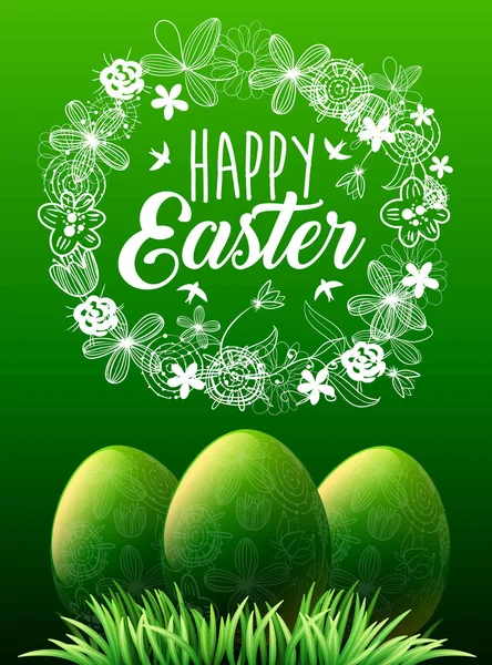 复活节快乐。绿草和绿色的鸡蛋。字体与花和鸟。春天的旗帜。节日贺卡背景的设计。矢量图 — 图库矢量图片