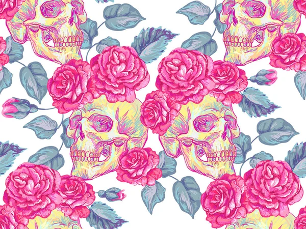 Бесшовный мексиканский узор с черепами и розами, листьями. Летний вектор цветочного дизайна розы. Перфект для обоев, шаблонных наполнителей, задней части веб-страниц, текстур поверхностей, текстиля — стоковый вектор