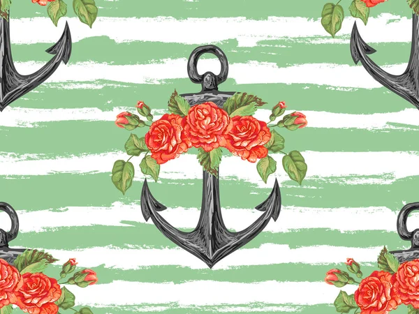 Seamless sea pattern with anchor, roses, leaves. Rose summer floral design vector background. Perfect for wallpapers, pattern fills, web page backgrounds, surface textures, textile — Stock Vector