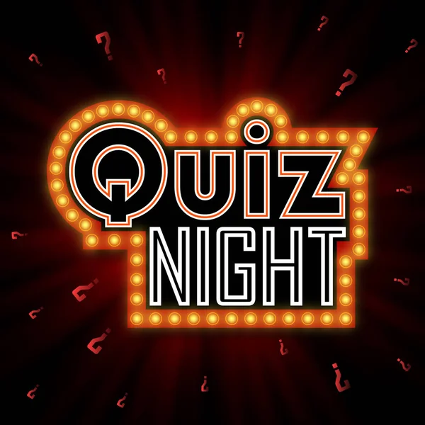 Quiz annuncio notturno poster design banner web sfondo vettoriale illustrazione. Quiz sui pub in un pub o bar, night club. Moderno gioco di squadra pub. Domande gioco brillante retro banner luce — Vettoriale Stock