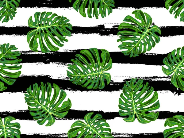 Seamless tropical pattern with monstera leaves vector background. Perfect for wallpapers, pattern fills, web page backgrounds, surface textures, textile — Stock Vector
