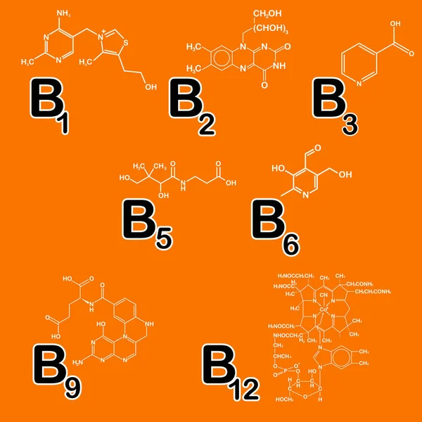 Vitamines groupe B ensemble. Concept de vie saine. Vitamine B1, B2, B3, B5, B6, B9, B12. Illustration vectorielle. Formule chimique structurelle médicaments de collecte pour la santé, annonces beauté — Image vectorielle