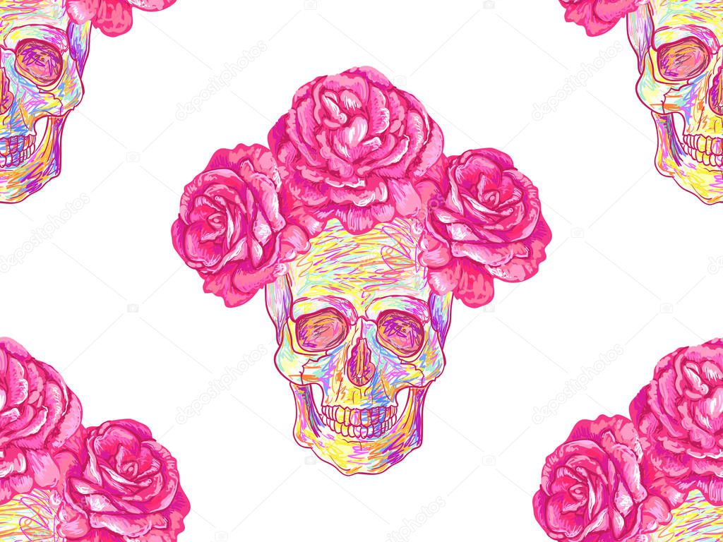 Seamless Mexican pattern with skulls and roses. Rose floral summer design vector background. Perfect for wallpapers, pattern fills, web page backgrounds, surface textures, textile
