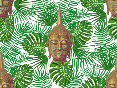Buda kafa, palmiye yaprakları ile sorunsuz hippi desen. Tay Tanrım, yoga zen. Ezoterik arka plan duvar kağıdı, desen dolgusu, web sayfası, yüzey dokusu, tekstil için mükemmel. Hint Budizmi ruhani sanat