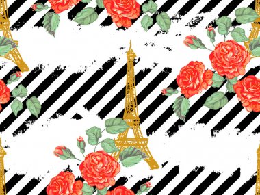 Eyfel Kulesi ve gül çiçek ile Seamless Paris modeli. Fransız vektör arka plan. Duvar kağıtları, web sayfası, yüzey dokuları, tekstil, davetler için mükemmel, giyim, kartlar, ürün tasarımları