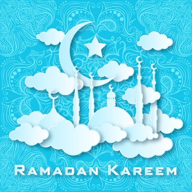Vektör sanat kesmek 3d Müslüman kağıt. Ramazan Kareem tatil kutlama tebrik kartı arka plan illüstrasyon. Kağıttan yapılmış Camii ile Arap şehir görünümünü. İslam tasarım. EID Mübarek. Kutsal ay