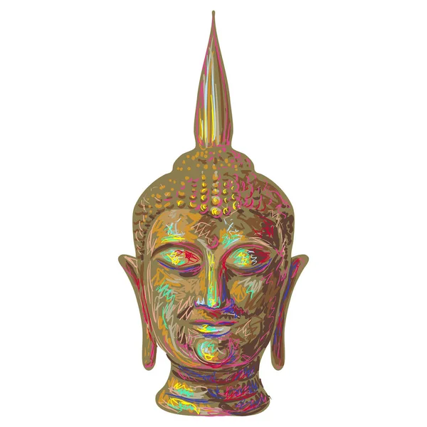 Buddha dewa kepala gambar vektor ilustrasi pada latar belakang putih. Dewa Thailand, yoga zen. Buddhisme India. Motif esoteris spiritual. Tato, yoga, desain spiritualitas. Tangan digambar kepala Buddha - Stok Vektor