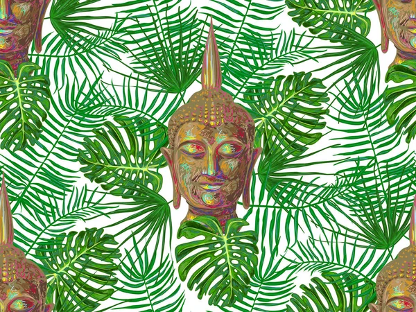 Seamless hippie pattern with Buddha head, palm leaves. Thai god, yoga zen. Esoteric background perfect for wallpaper, pattern fill, web page, surface texture, textile. Indian Buddhism spiritual art — Stock Vector