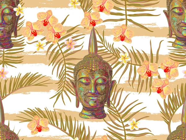 Seamless tropical hippie pattern with Buddha head, palm leaves, flowers. Thai god. Esoteric background perfect for wallpaper, pattern fill, web page, surface texture, textile. Buddhism — Stock Vector