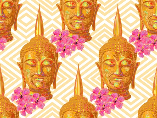 Pola tak berjahit hippie dengan kepala Buddha, bunga hibiskus. Dewa Thailand, yoga zen. Latar belakang esoteris yang sempurna untuk wallpaper, pengisian pola, halaman web, tekstur permukaan, tekstil. Seni spiritual Buddhisme - Stok Vektor