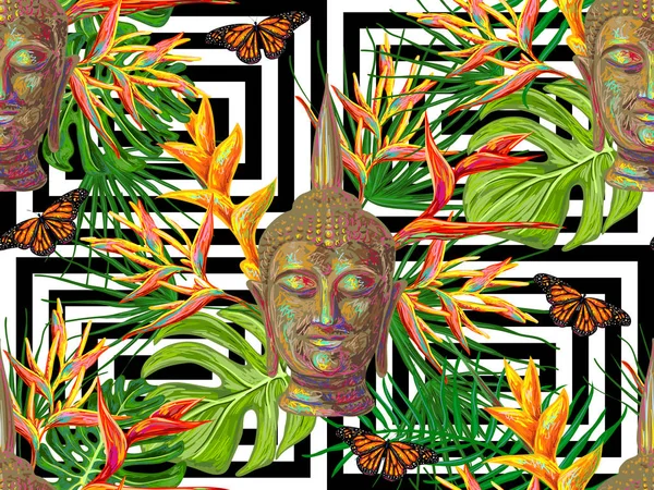 Naadloze hippie patroon met Buddha hoofd, palmbladeren, bloemen, vlinders. Indiase esoterische vector illustratie achtergrond perfect voor behang, patroonvulling, webpagina, oppervlaktetextuur, textiel — Stockvector