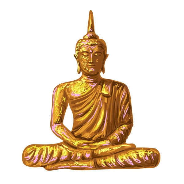 Duduk dewa Buddha di posisi teratai sketsa vektor gambar pada latar belakang putih. Dewa Thailand, yoga zen. Buddhisme India. Motif esoteris spiritual. Tato, yoga, desain spiritualitas. Tangan digambar Buddha - Stok Vektor