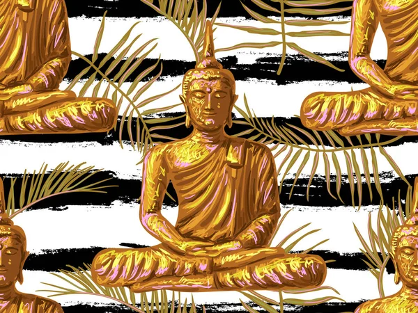 Padrão hippie sem costura com Buda sentado, folhas de palma. Deus tailandês, ioga zen. Fundo esotérico perfeito para papel de parede, preenchimento padrão, página da web, textura da superfície, têxtil. Budismo indiano arte espiritual — Vetor de Stock