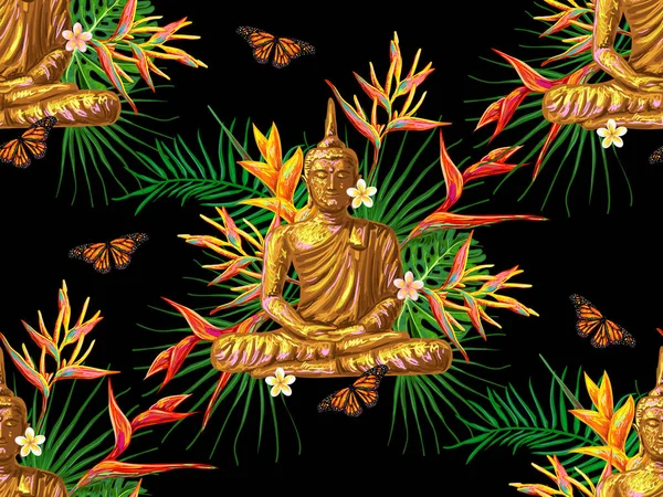 Sedící Buddha, palmové listy, květiny, motýli vzor bezešvé hippie. Indické esoterické vektorový obrázek pozadí ideální pro výplň vzorkem, webové stránky, tapety, textilní struktura povrchu — Stockový vektor