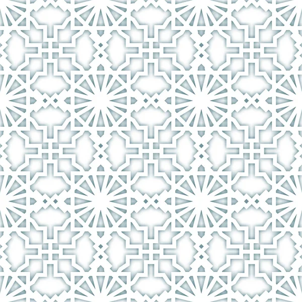 Texture arabesque blanche. Contexte islamique. Illustration vectorielle arabe. Fond réaliste 3d blanc géométrique pour votre conception. La mode musulmane. Modèle sans couture avec des lignes et des ombres pour toile de fond — Image vectorielle