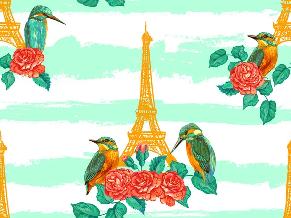 Eyfel Kulesi, kuşlar ve güller çiçek ile Seamless Paris modeli. Fransız vektör arka plan. Duvar kağıtları, web sayfası, yüzey dokuları, tekstil, davetler için mükemmel, giyim, kartlar, ürün tasarımları — Stok Vektör
