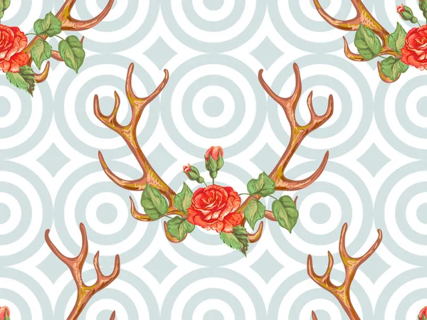 Sömlös sommar boho tribal mode mönster med dekorativa blommiga deer horn vektor bakgrund perfekt för mönsterfyllning, ytstruktur, webbsida, tapet, textil. Horn och blommig rosor krona — Stock vektor