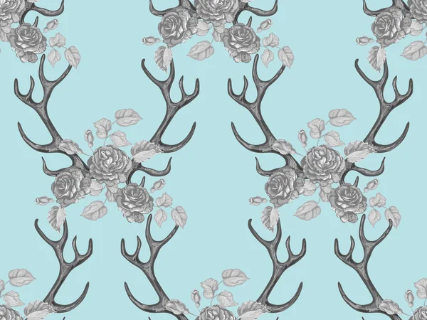 Seamless summer boho tribal fashion pattern with decorative floral deer antlers vector background perfect for wallpaper, pattern fill, web page, surface texture, textile. Horns and floral roses crown — Stock Vector