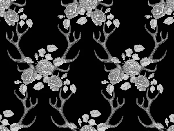 Бесшовные летом boho племенной моды шаблон с декоративными цветочными рогами оленя векторный фон идеально подходит для обоев, заполнение шаблона, веб-страница, текстура поверхности, текстиль. Рога и цветочные розы короны — стоковый вектор