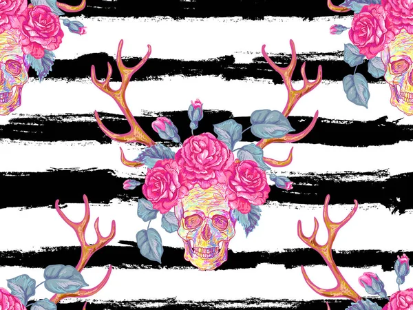 Padrão de moda tribal boho sem costura com chifre de veado decorativo, fundo vetor de crânio perfeito para papel de parede, preenchimento padrão, página web, textura superficial, têxtil. Corno, crânio e rosas florais coroa — Vetor de Stock